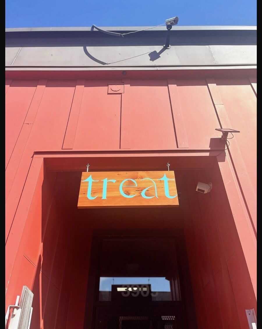Treat salon lounge — neon sign, macramé, monstera